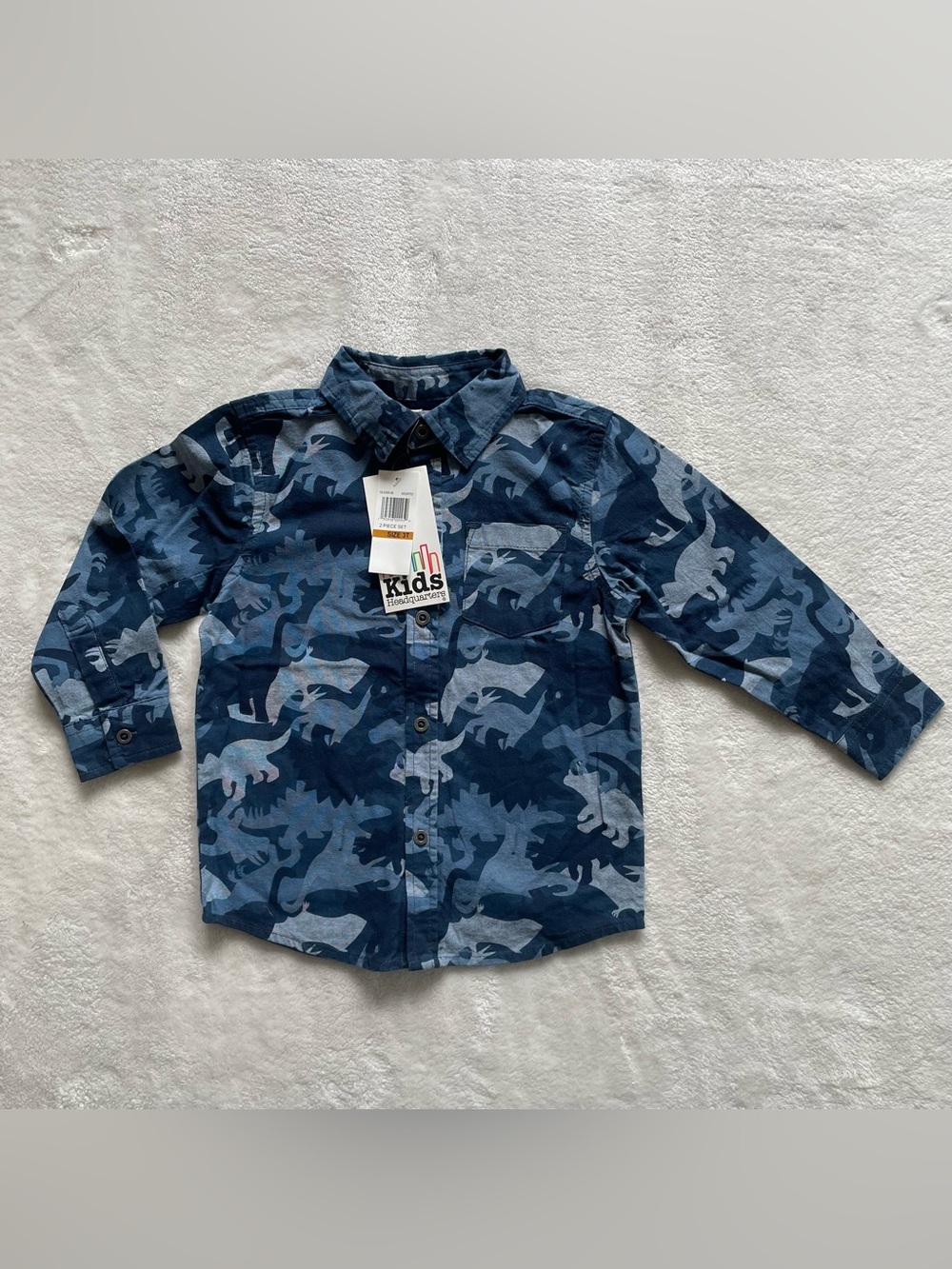 NWT Kids Headquarters Navy Blue Dinosaur Button Down Shirt size 3T